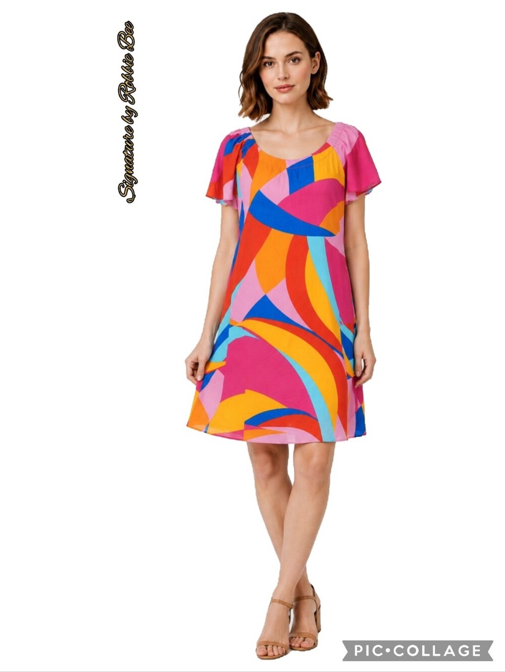 Signature by Robbie Bee pink blue yellow abstract short sleeve swing dress NWT